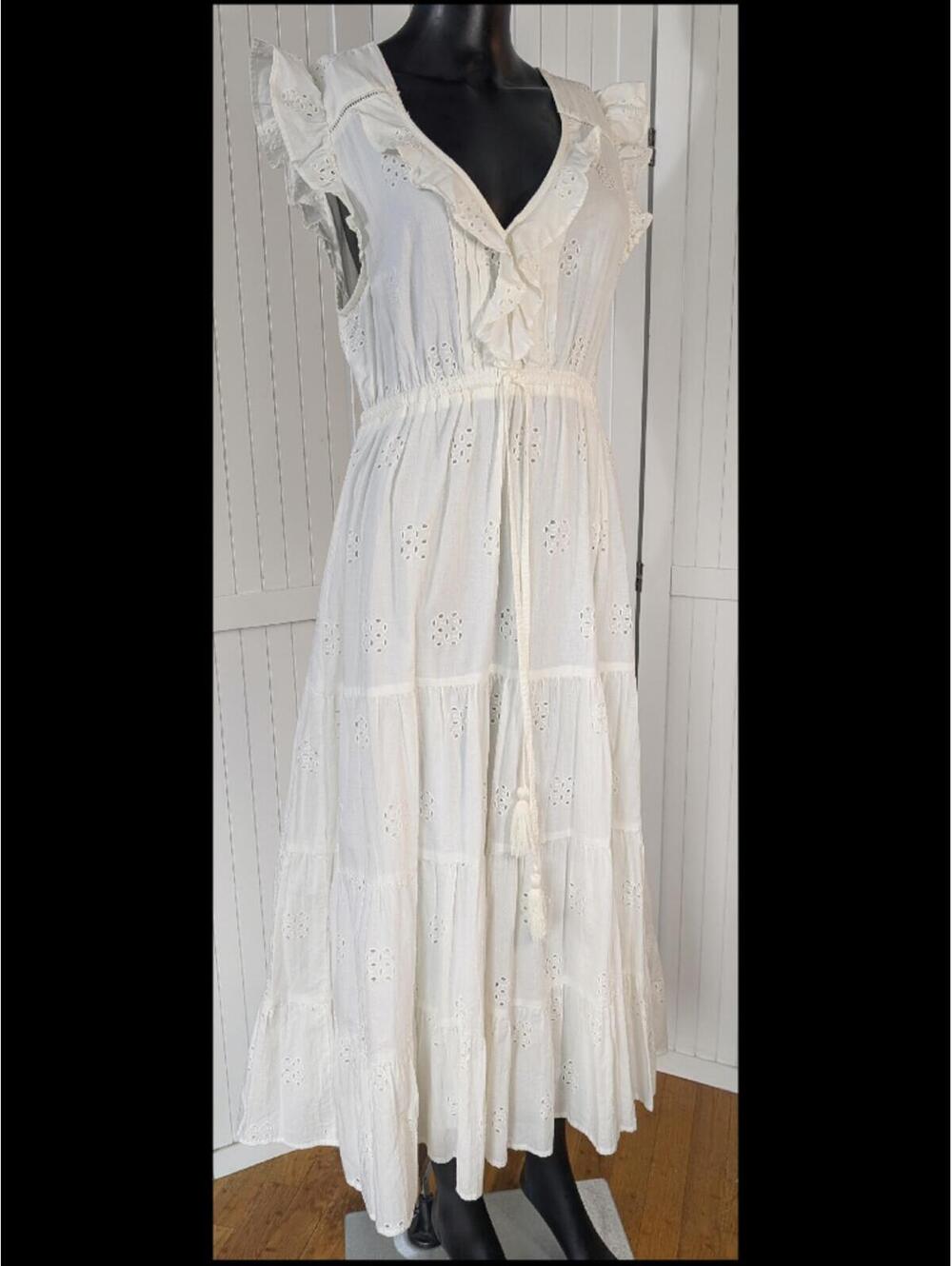 Mer St Barth Giselle Maxi Dress White Eyelet Cotton Ruffle Boho Size L